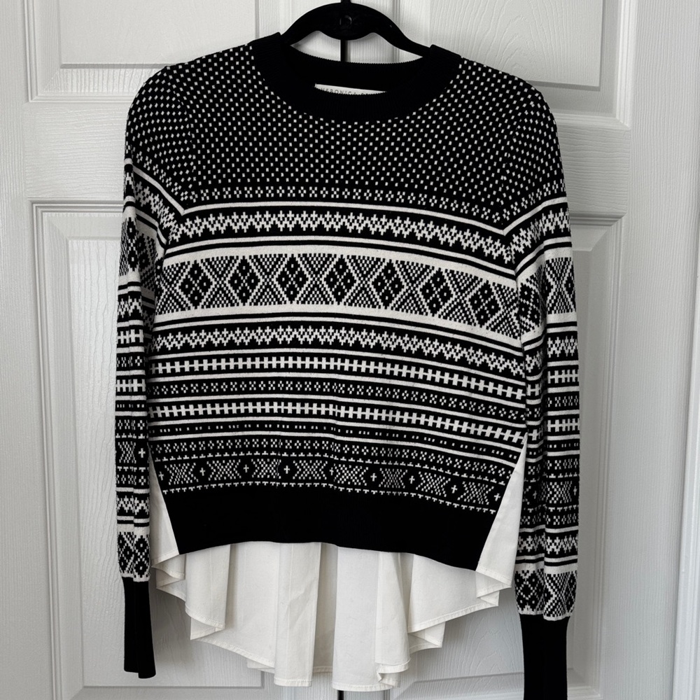 Veronica Beard Black and White Patterned Sweater with Dress Shirt Hem